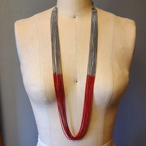 Red & Silver Multi Chain Long Necklace
